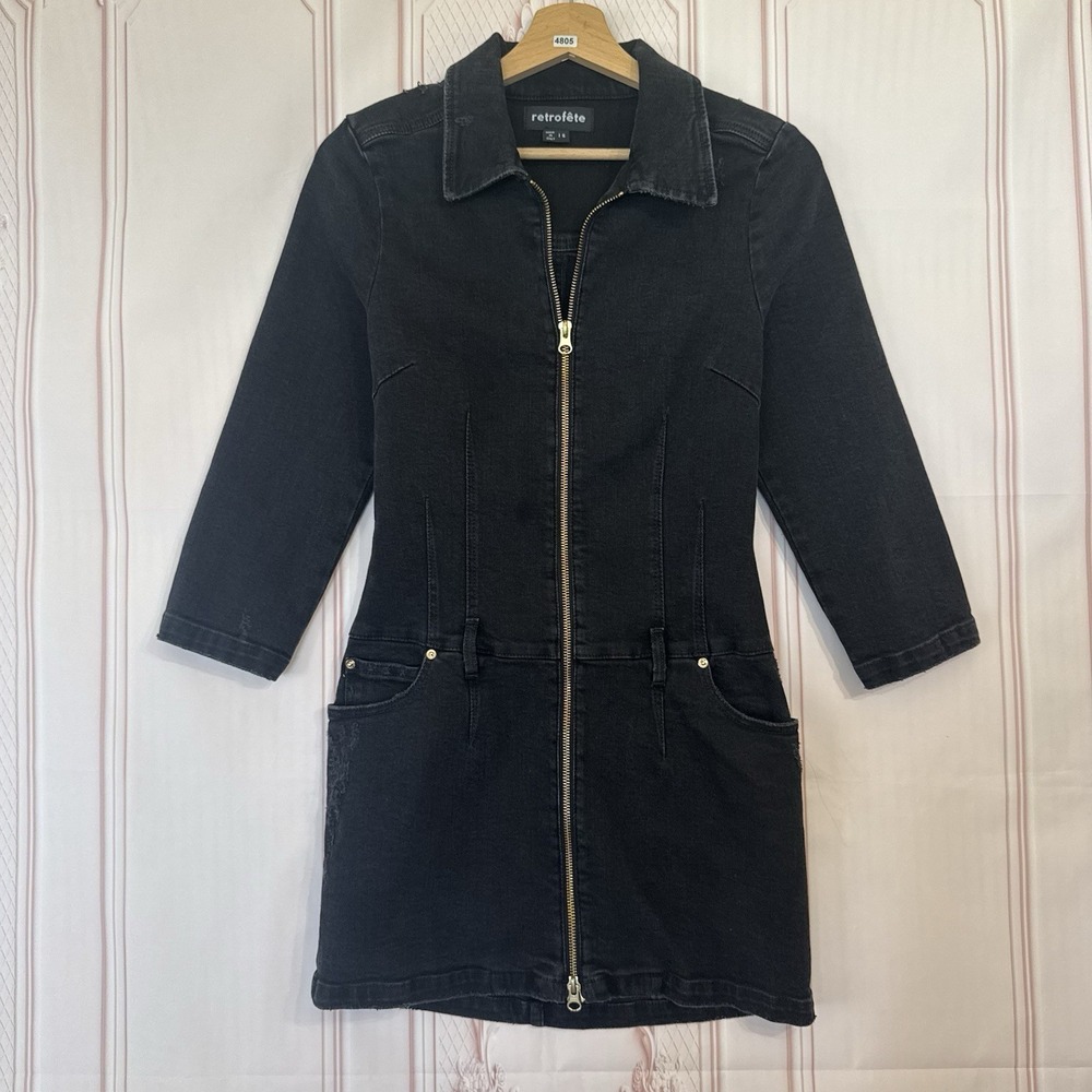 Retrofete Mercer Black Distress Denim Zip Dress Size S Italy Pockets $495